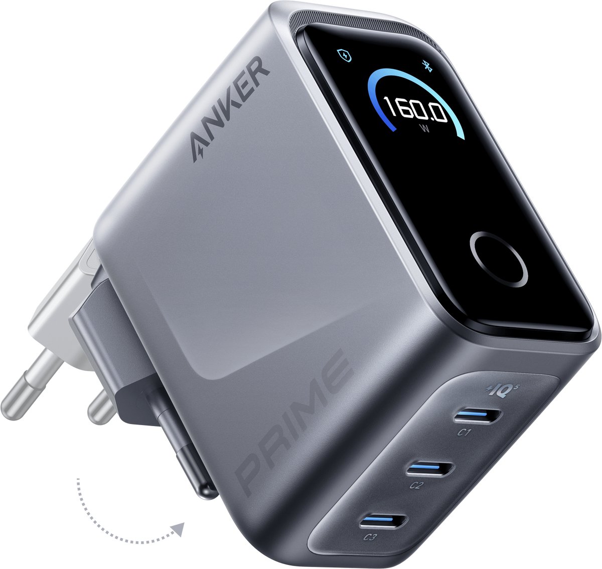 Anker Prime Charger (160W 3 Ports Smart Display) - Silver