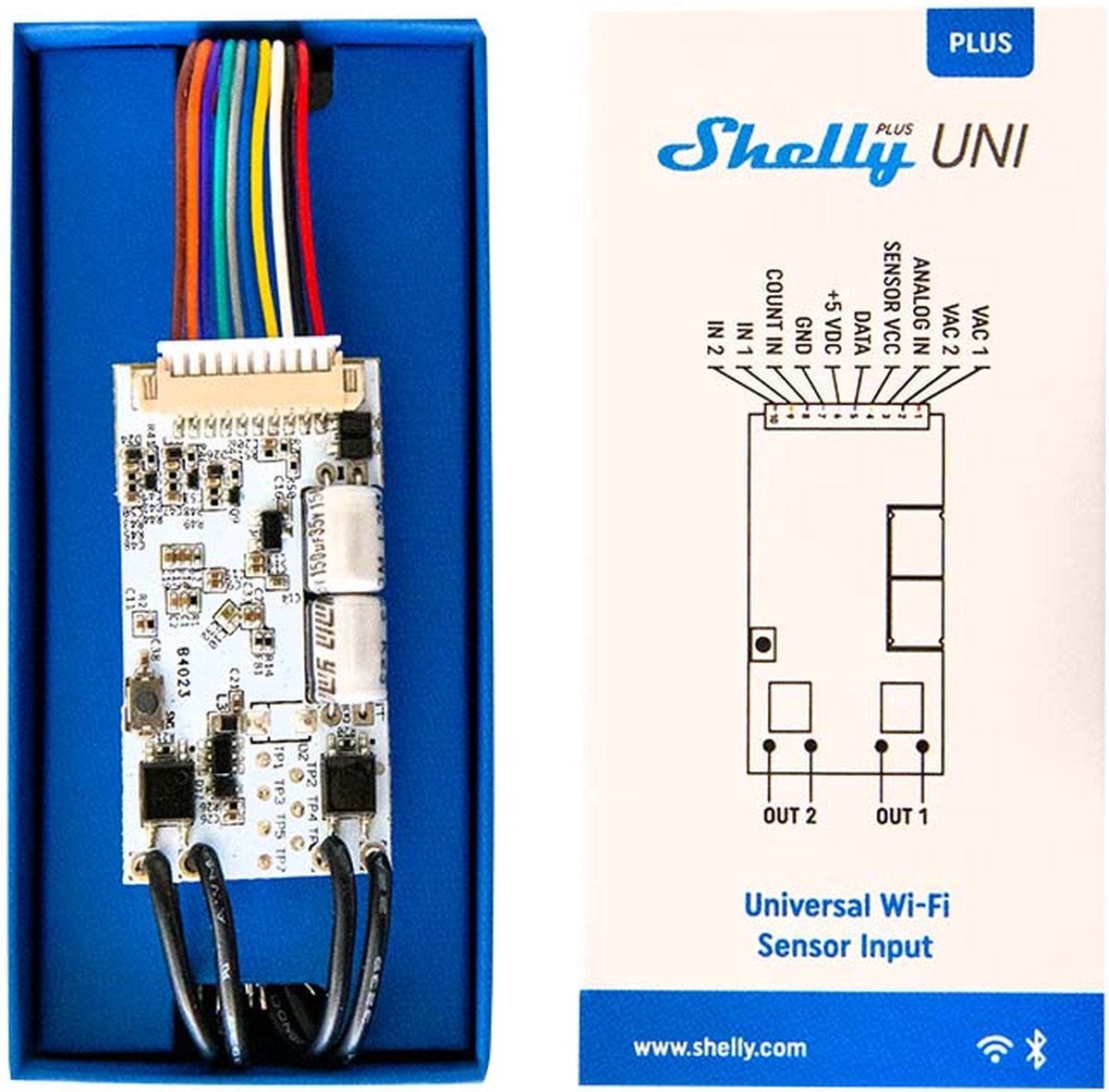 Shelly Plus Uni - WiFi analog og digital input med pulsmåler og solid state relæ
