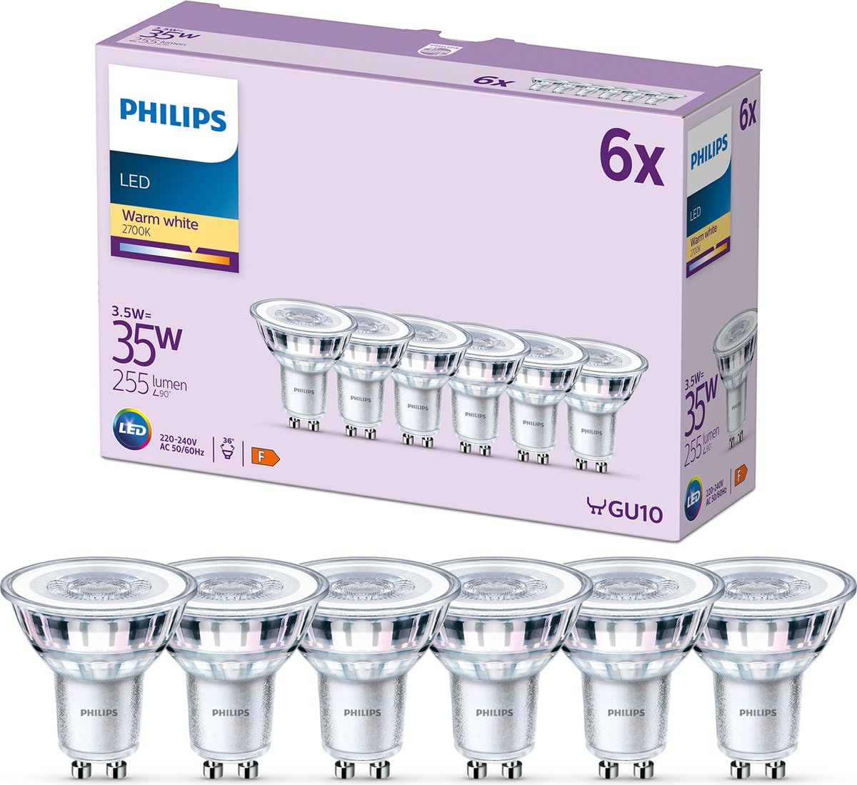 Philips LED pære LEDClassic 3,5W/827 (35W) 6-pak GU10