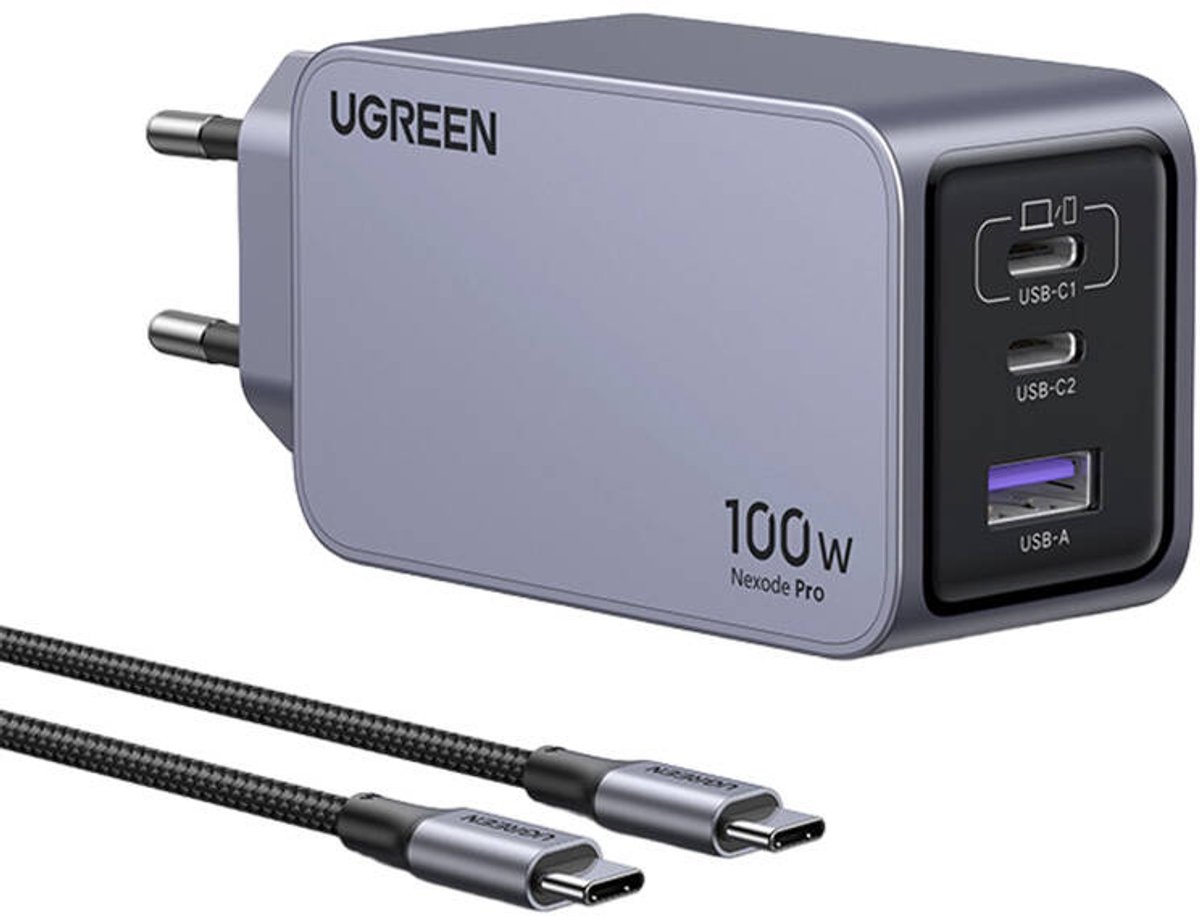 UGREEN Nexode Pro 100W 3-port GaN hurtigoplader med 100W USB-C-kabel