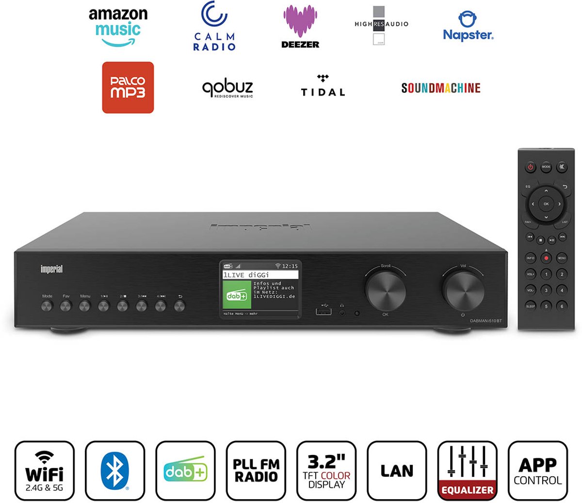 Imperial DABMAN i510 BT V2 Tuner Hi-Fi pour radio Internet noir Bluetooth®, DAB+, USB, WiFi, radio Internet