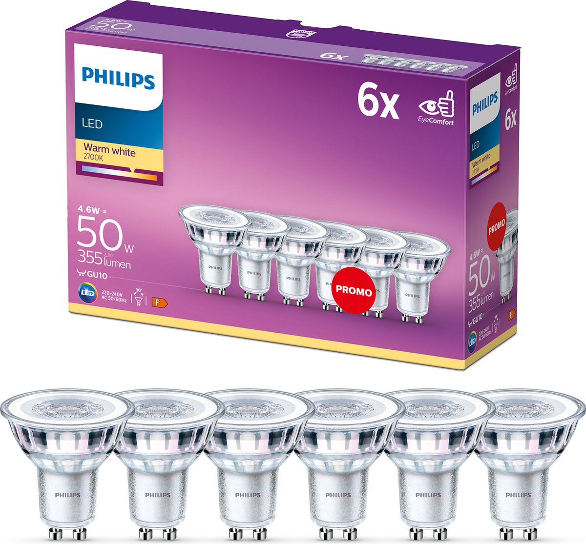Philips LED pære Classic Spot 4,6W/827 (50W) 36° 6-pak GU10