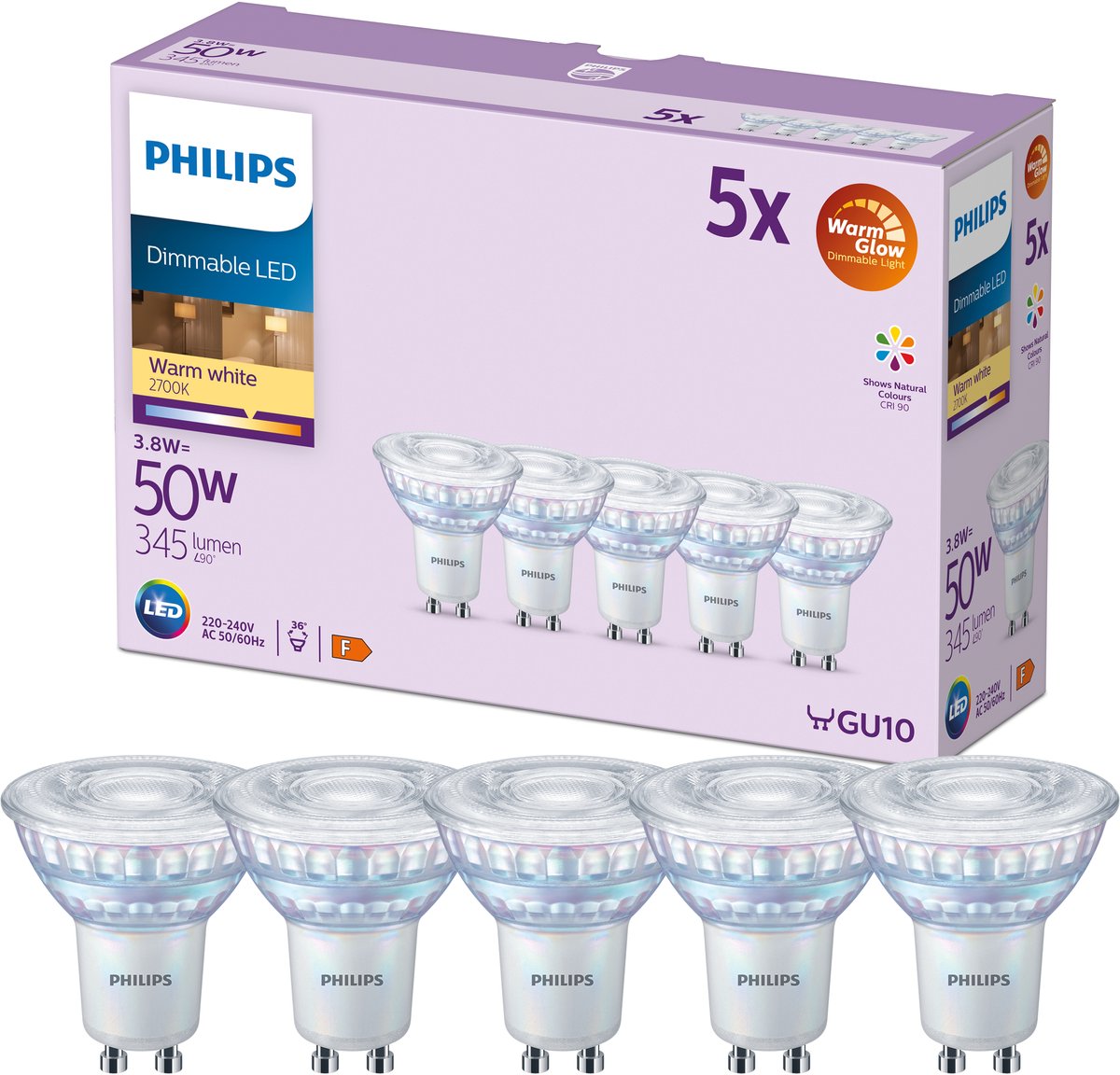 Philips LED pære Spot 3,8W/922-927 (50W) 36° WarmGlow Dæmpbar 5-pak GU10