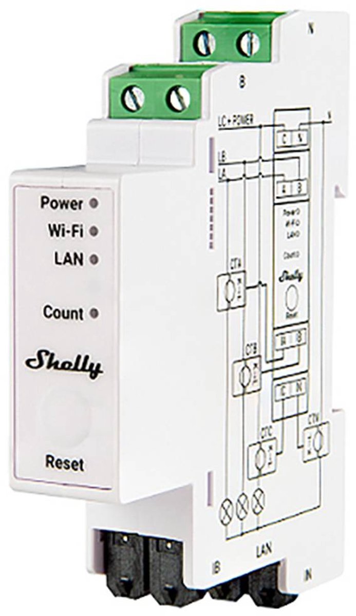 Shelly Pro 3EM 120A V2 - WiFi 3-faset energimåler, 120A