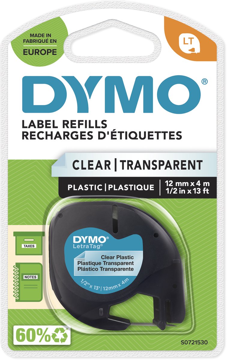 DYMO Letratag plastiktape | sort på klar | 12mm x 4m rulle