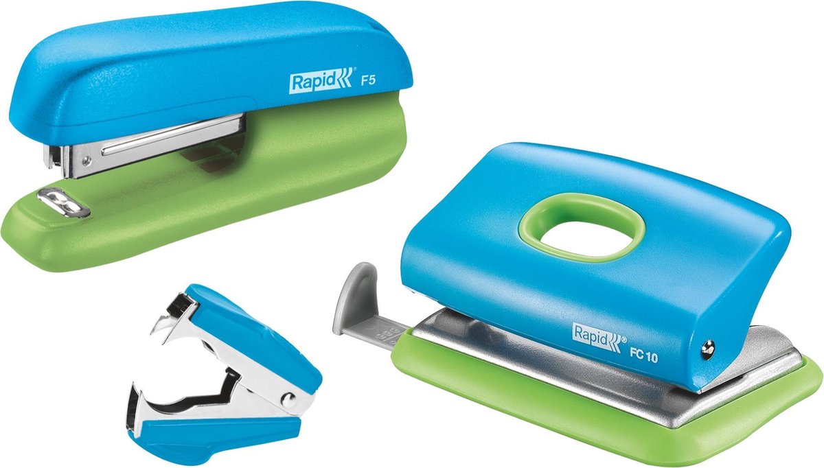 Rapid Hæftemaskine & hulapparat Mini sæt F5+FC10+C2 Blister Blå/grøn