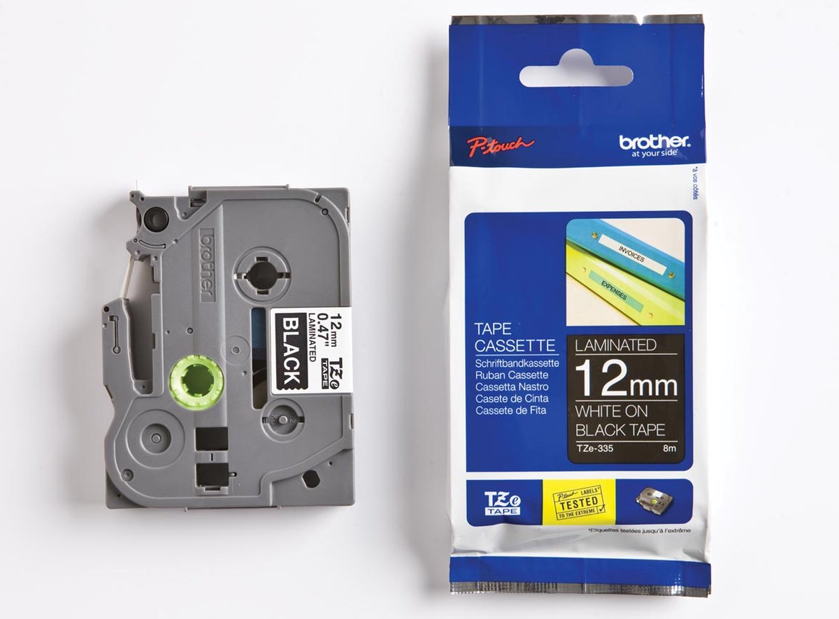 Brother TZe335 12mm (0.47") White on Black Label tape for P-Touch 8m