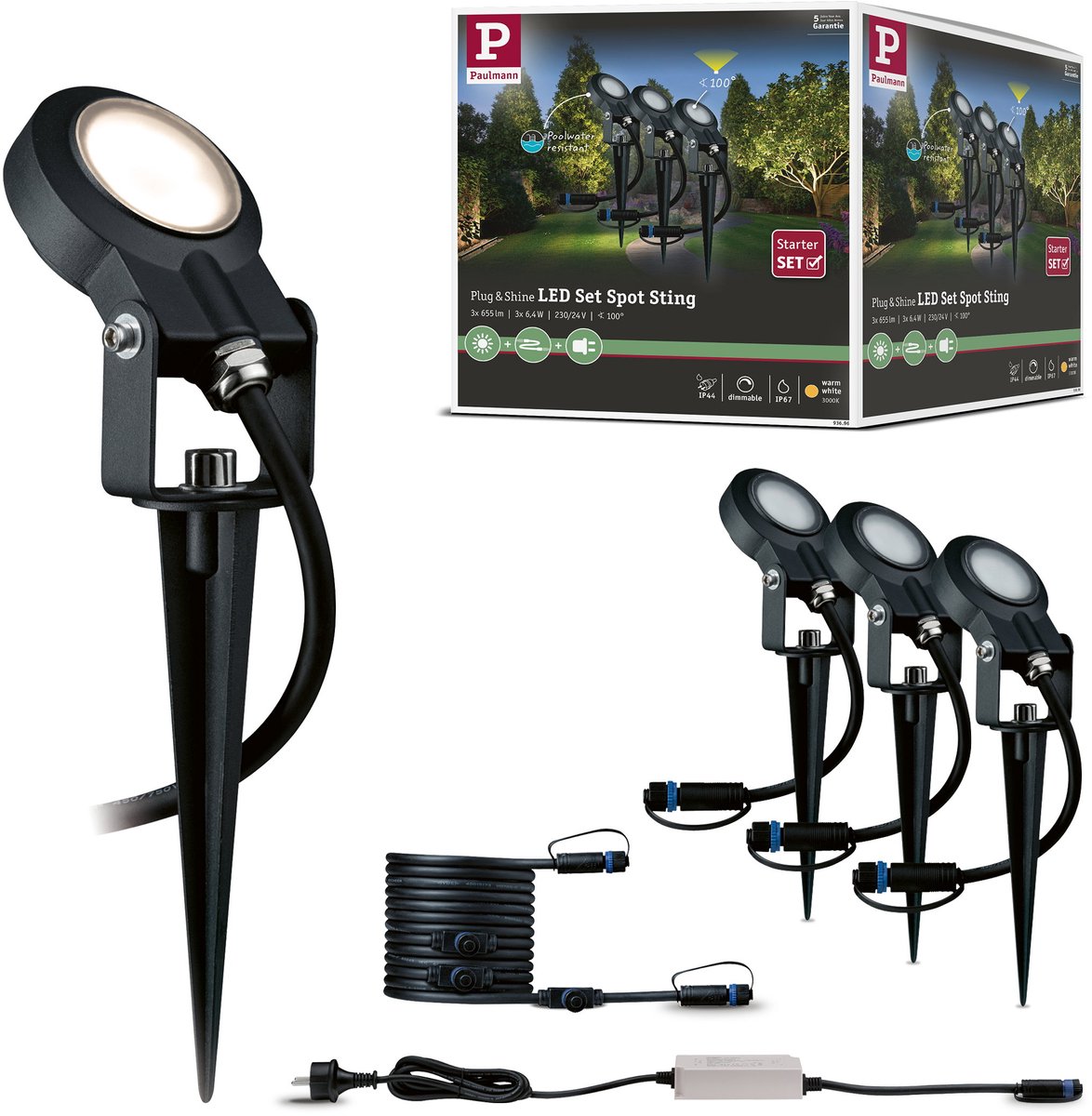 Paulmann Sting 93696 Système déclairage Plug&Shine kit de démarrage pour projecteur de jardin à LED jeu de 3 LED 18 W blanc chaud anthracite
