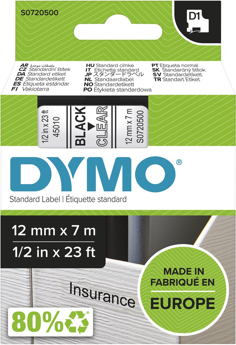 DYMO D1 tape | 12mm x 7m rulle | sort på klar