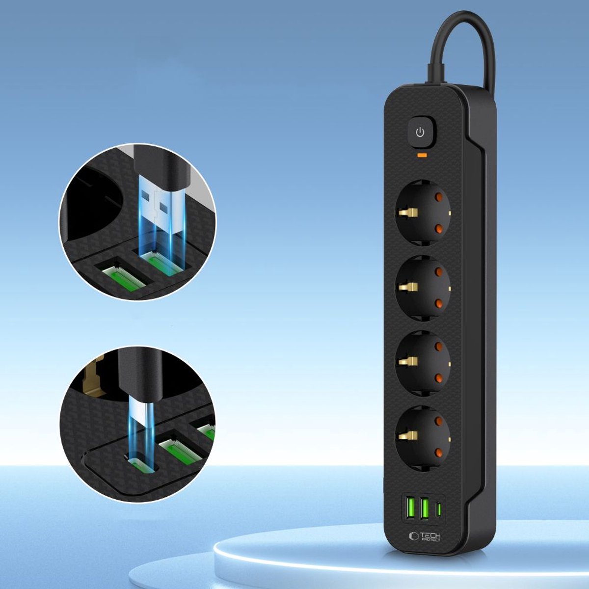 Tech-Protect PCL4X3 Power Strip 4 Sockets 240V + 2xUSB-A + 1xUSB-C 200 cm - Black