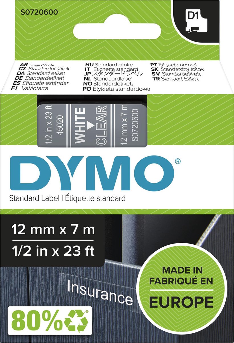 DYMO D1 tape | 12mm x 7m rulle | hvid på klar