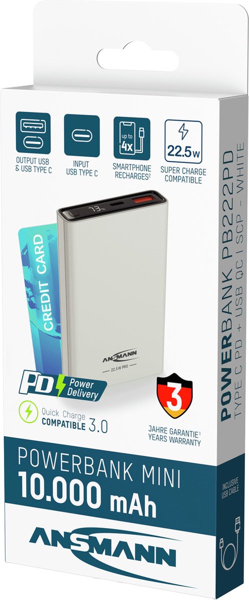 Ansmann PB222PD Powerbank (batterie supplémentaire) 10000 mAh LiPo USB-A, USB-C® blanc