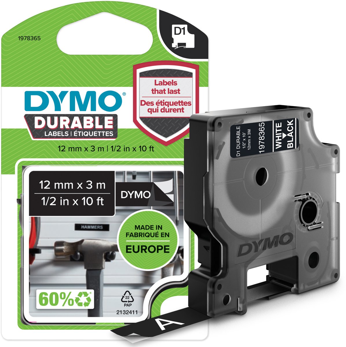 DYMO D1® Durable tape | hvid på sort | 12 mm x 3m