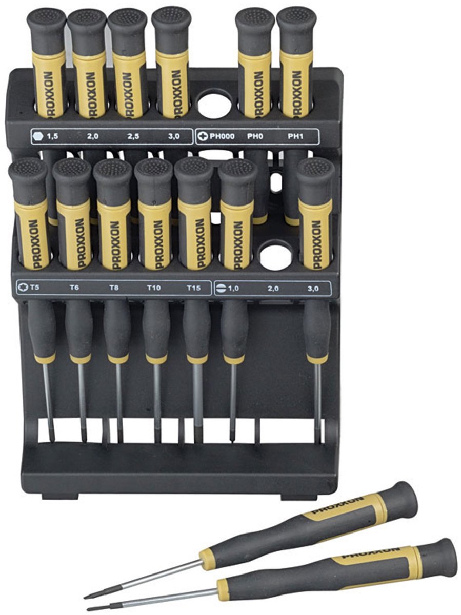 Proxxon Micromot MICRO pour lélectronique et la mécanique de précision Jeu de tournevis 15 pièces vis à fente, cruciforme Phillips, 6 pans intérieurs (TX), 6