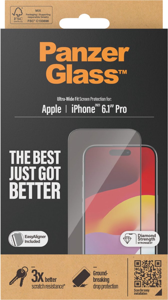 PanzerGlass Screen Protector iPhone 15 Pro | Ultra-Wide Fit w. EasyAligner