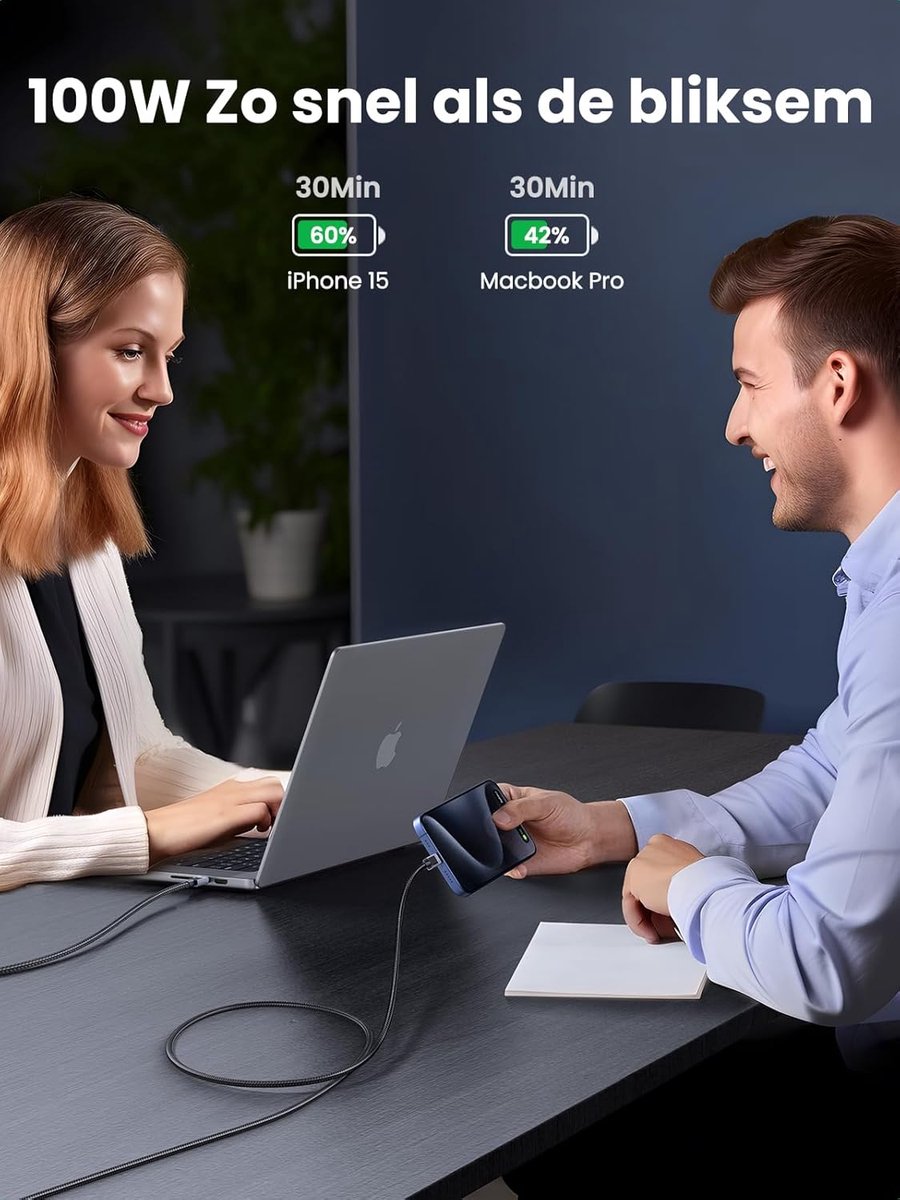 UGREEN USB-C <-> USB-C - 100W - 3m - Sort