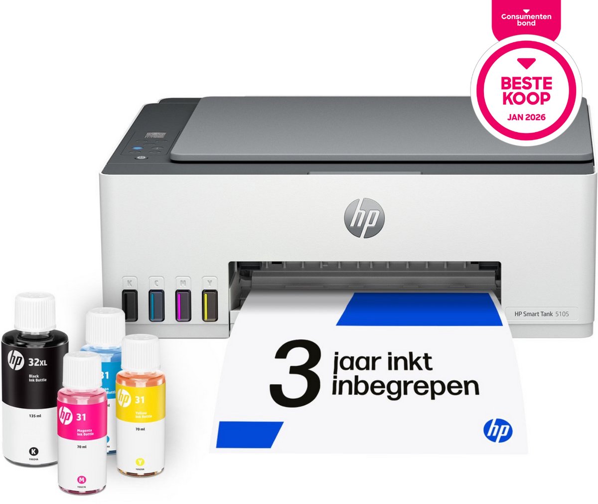 HP Smart Tank 5105 - Color Inkjet - A4 - Wi-Fi & Bluetooth Multifunktion - Farve - Blæk