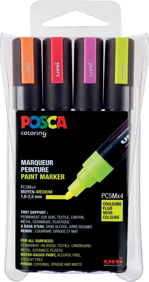 POSCA marker sæt PC-5M, 4 ass. farver, neon