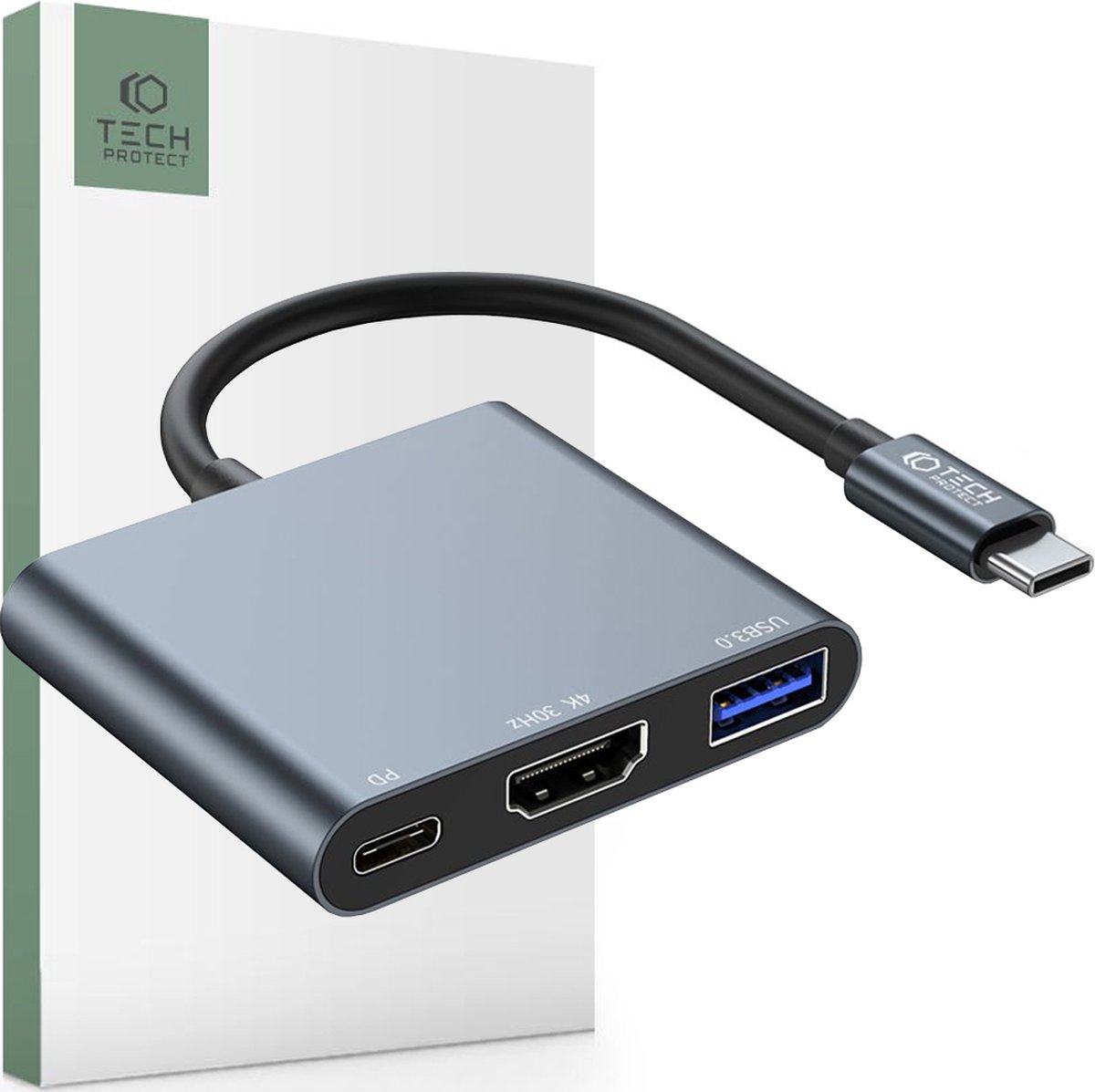 Tech-Protect V1 3in1 USB-C - USB-A 3.0 / USB-C PD 100W / HDMI 4K 30Hz - Grey USB hub - USB 3.0 - 3 ports - Grå