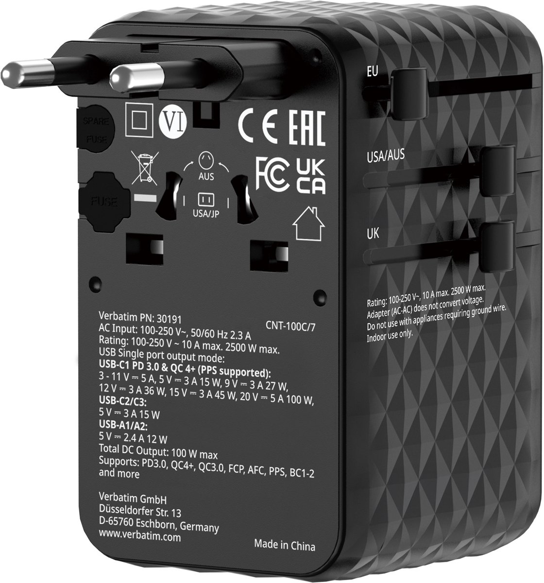 Verbatim Charge 'n' Travel 100W Travel Adapter w/ Cable Bla