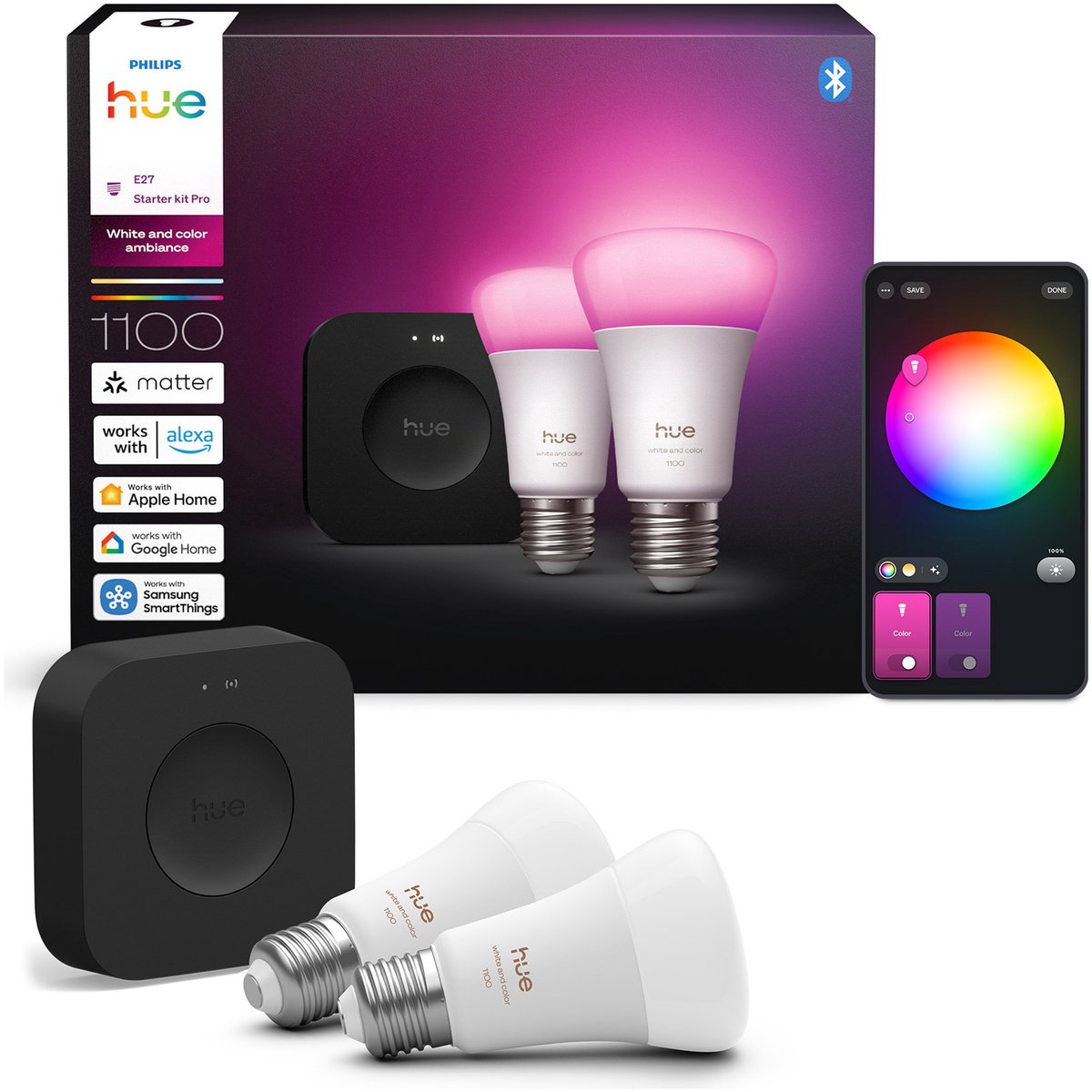 Philips Hue Startsæt: 2 x E27 pærer + Bridge Pro