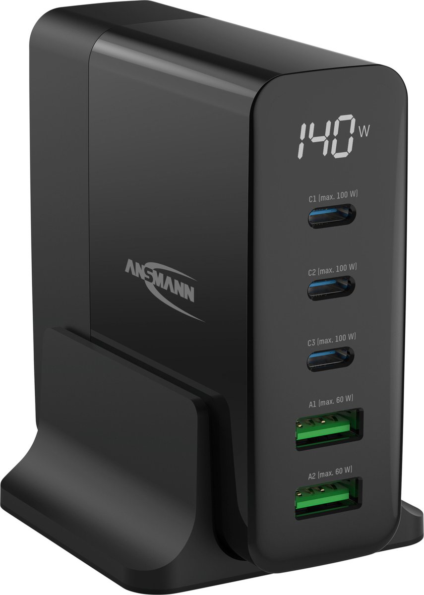 Ansmann Desktop Ladegerät mit Display DC5140PD 140W Chargeur USB 140 W 2x USB-A, 3x USB-C® Power Delivery noir intérieure