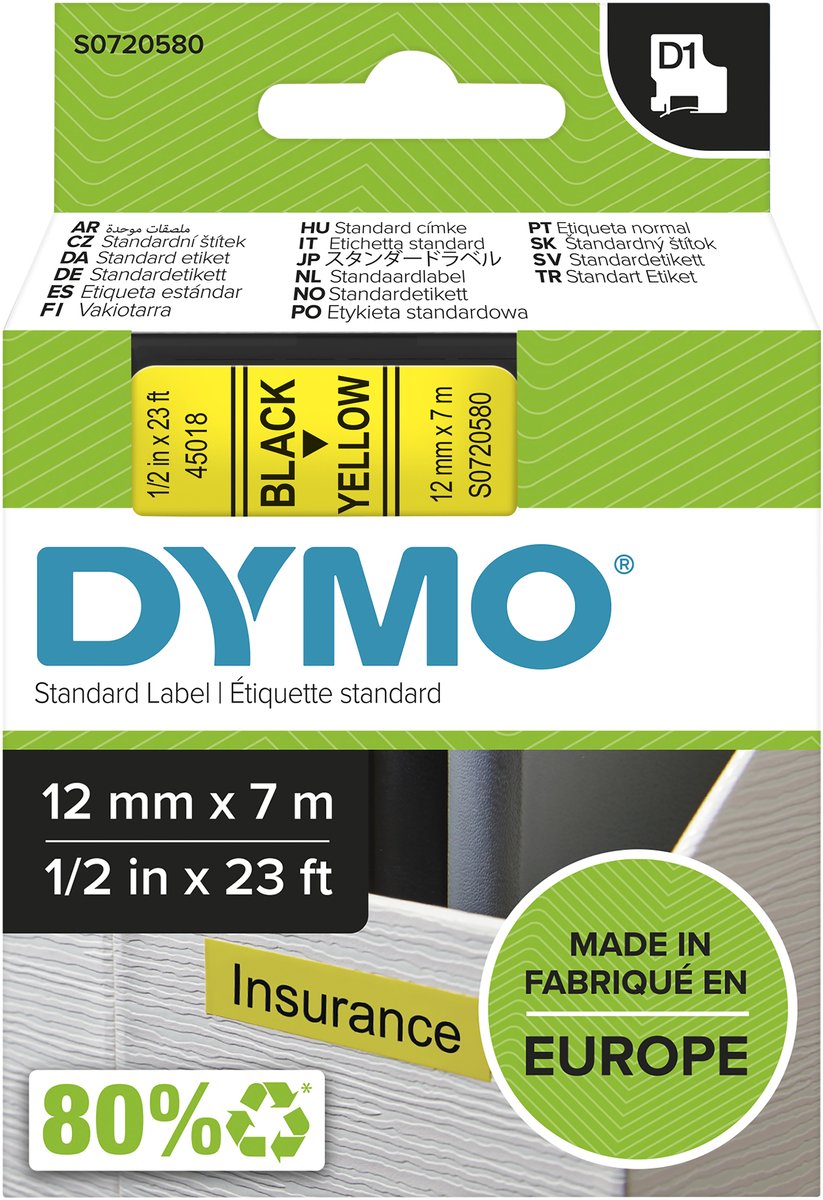 DYMO D1 tape | 12mm x 7m rulle | sort på gul