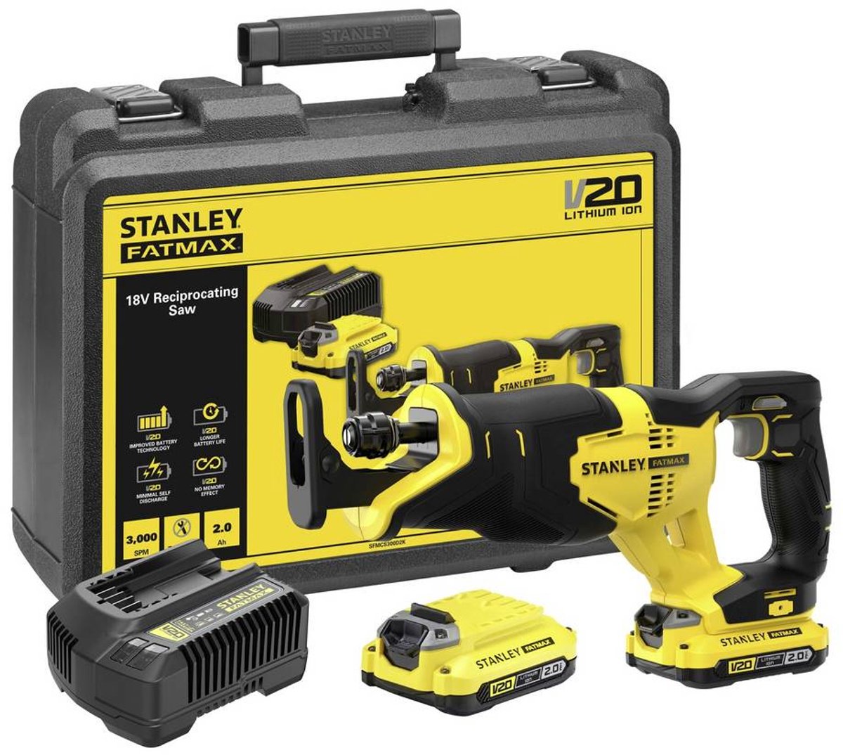 STANLEY V 20 Scie sabre sans fil SFMCS300D2K-QW + 2 batteries, + chargeur 18 V 2 Ah