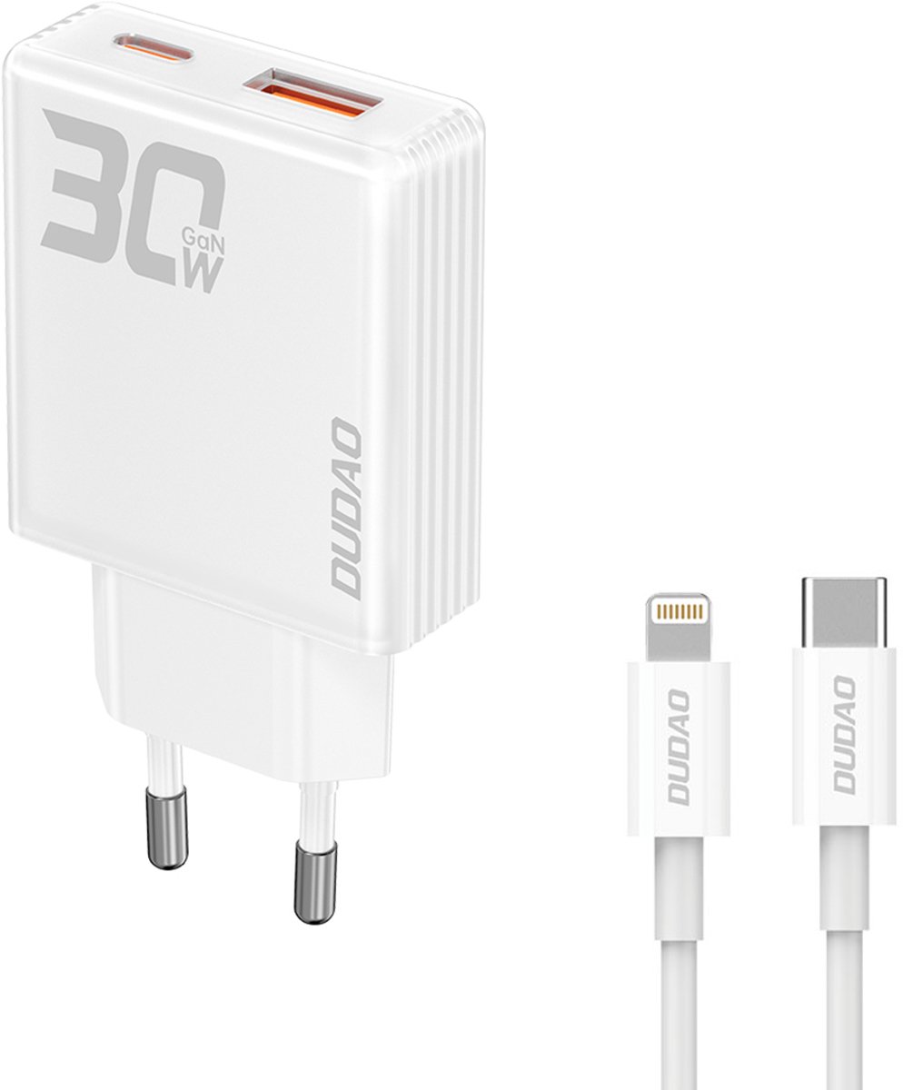 Dudao GaN A30EUL 30W USB-A / USB-C Wall Charger + USB-C - Lightning Cable - White