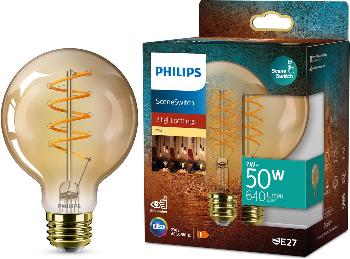Philips LED pære Filament G95 7W/827 (50W) SceneSwitch amber E27