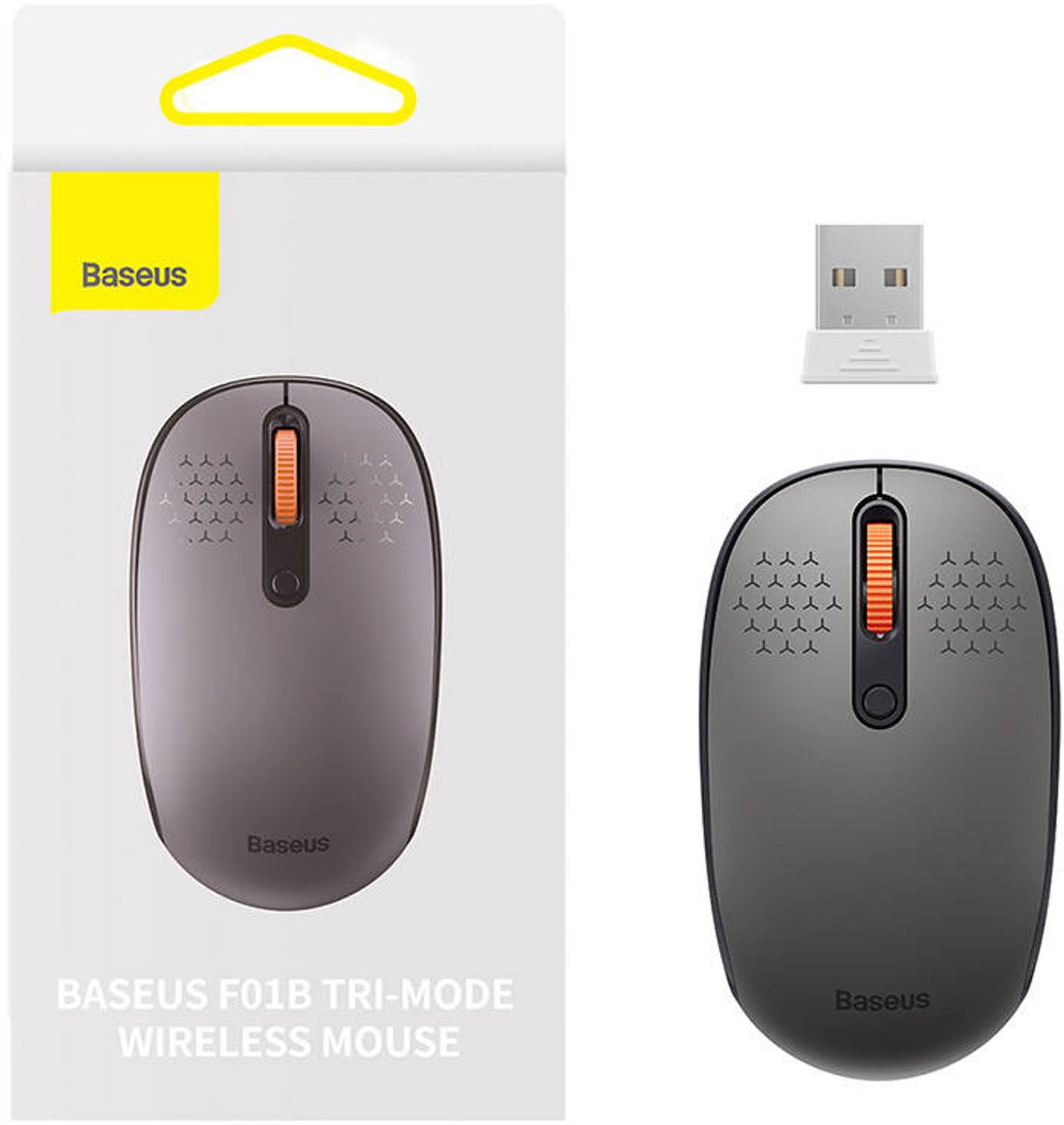 Baseus Wireless mouse F01B Tri-mode 2.4G BT 5.0 1600 DPI (frosted grey) - Mus - Optisk - 3 knapper - Grå