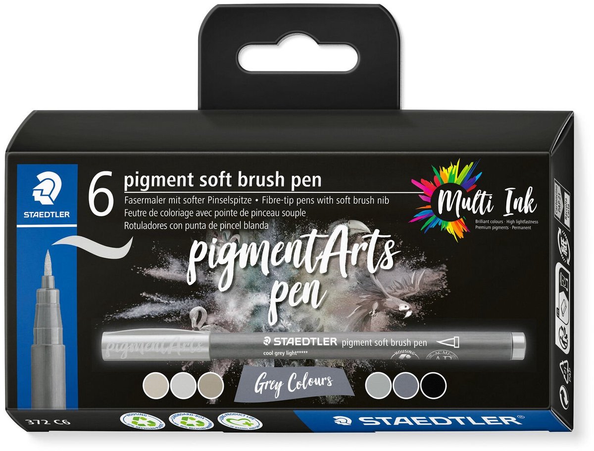 Staedtler Brush Pen Soft/Pigment, Grå 6 stk/ass