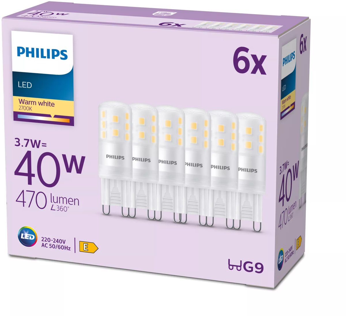 Philips LED pære 470lm 3,7W/827 (40W) 6-pak G9