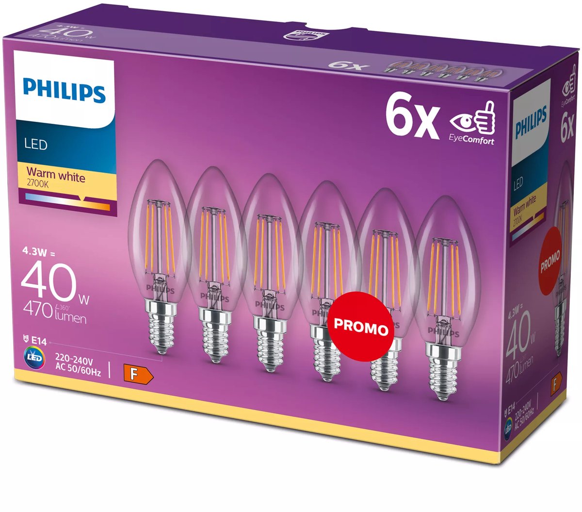Philips LED pære Classic Kerte 4,3W/827 (40W) klar 6-pak E14