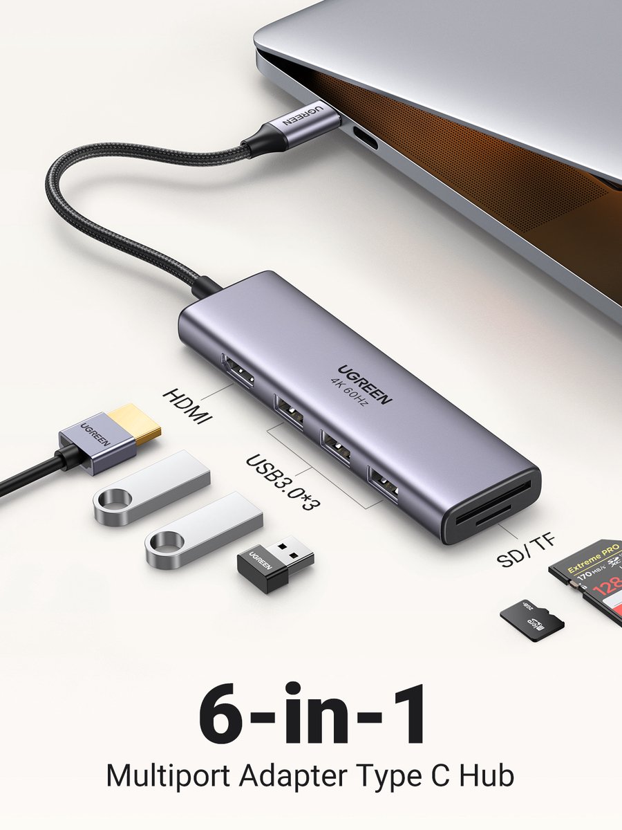UGREEN 6-In-1 Usb C Hub 4k@60hz USB hub - 6 ports - Sølv