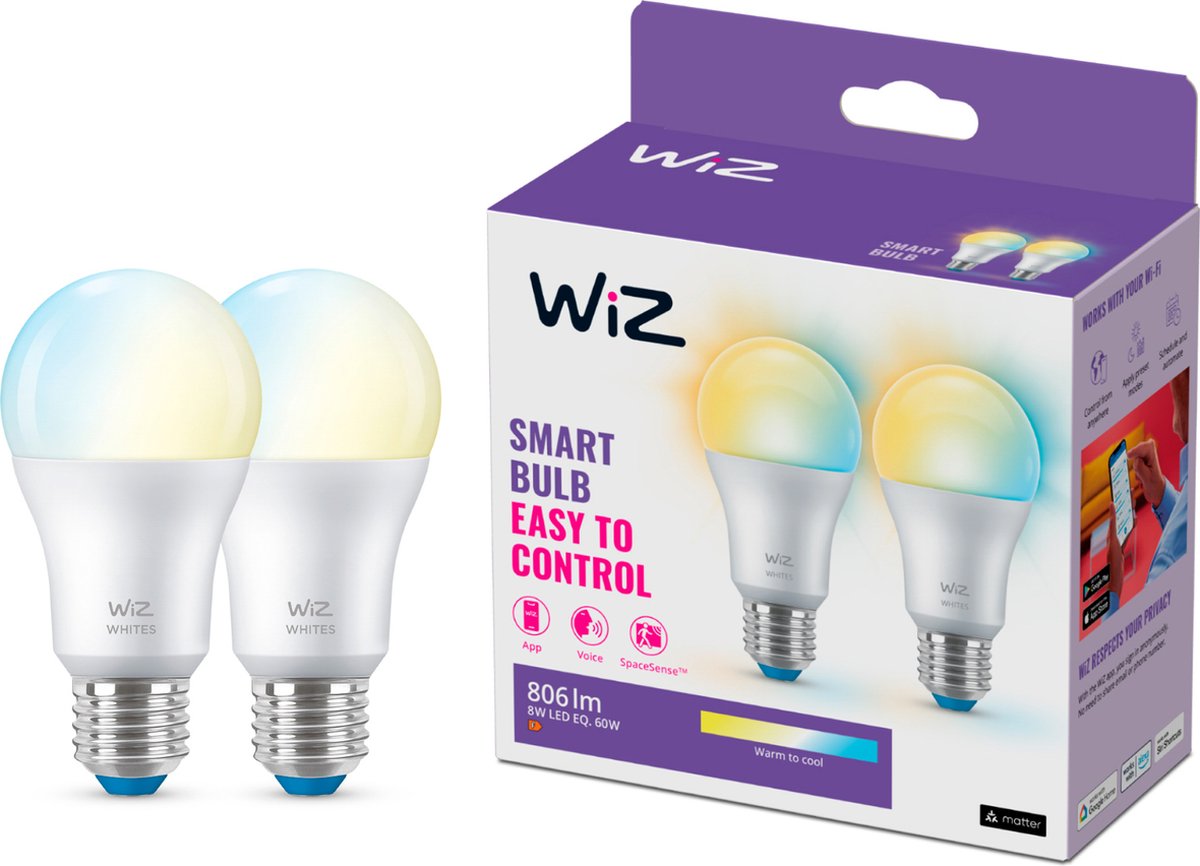 WiZ Tunable A60 E27 Smart LED-pære 2-pakke - Dæmpbart varmt til koldt hvidt LED-lys