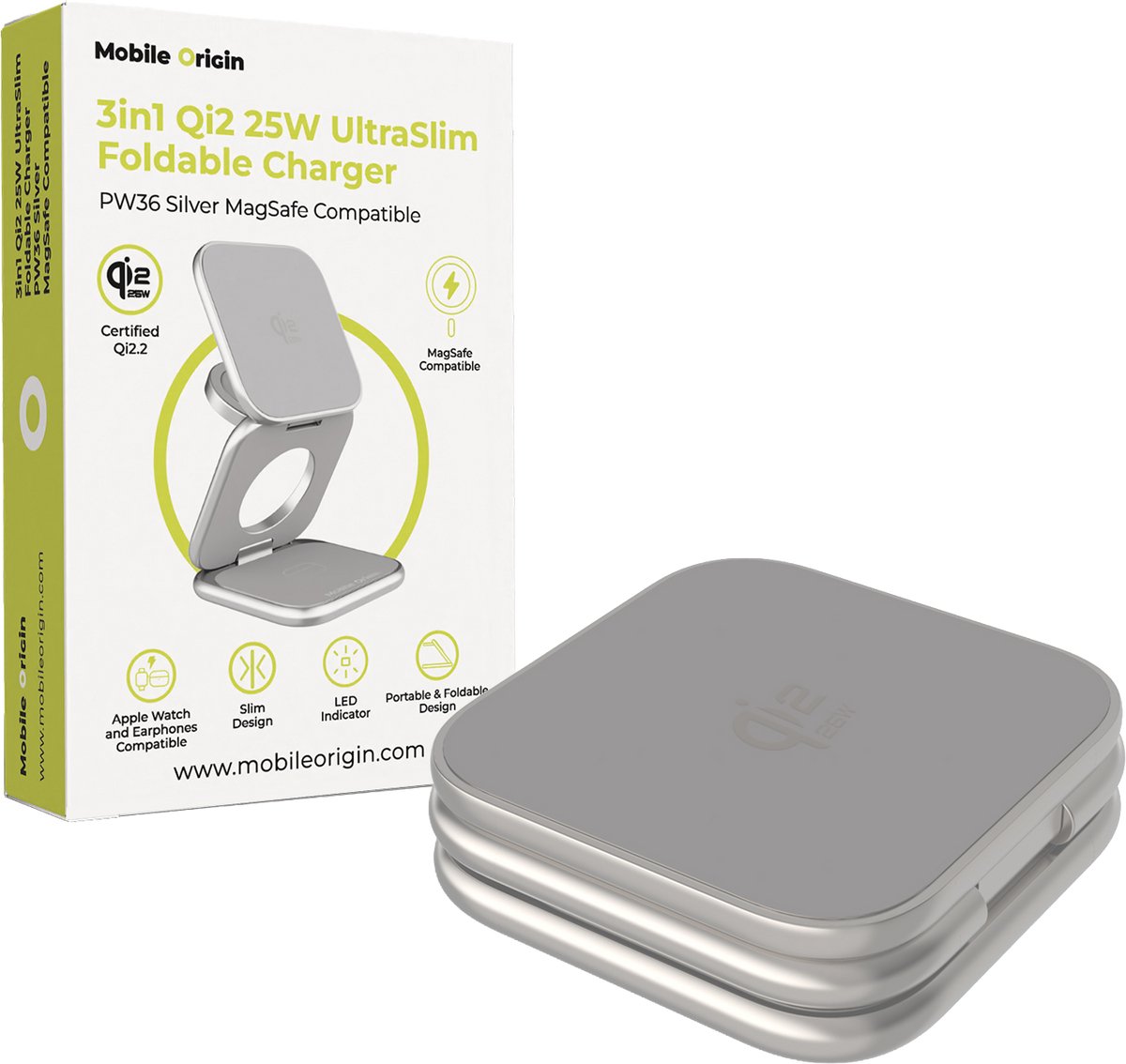 Mobile Origin 3in1 Qi2 25W UltraSlim Foldable Charger PW36 MagSafe Compatible Silver