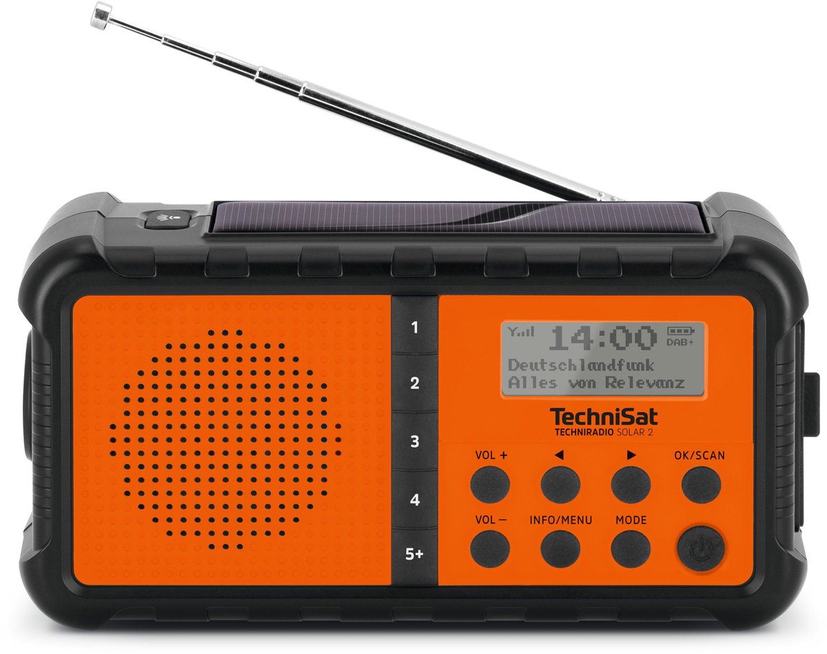 TechniSat TECHNIRADIO SOLAR 2 Radio de table DAB+, FM USB panneau solaire, manivelle, lampe de poche, rechargeable, protégé contre les projections deau