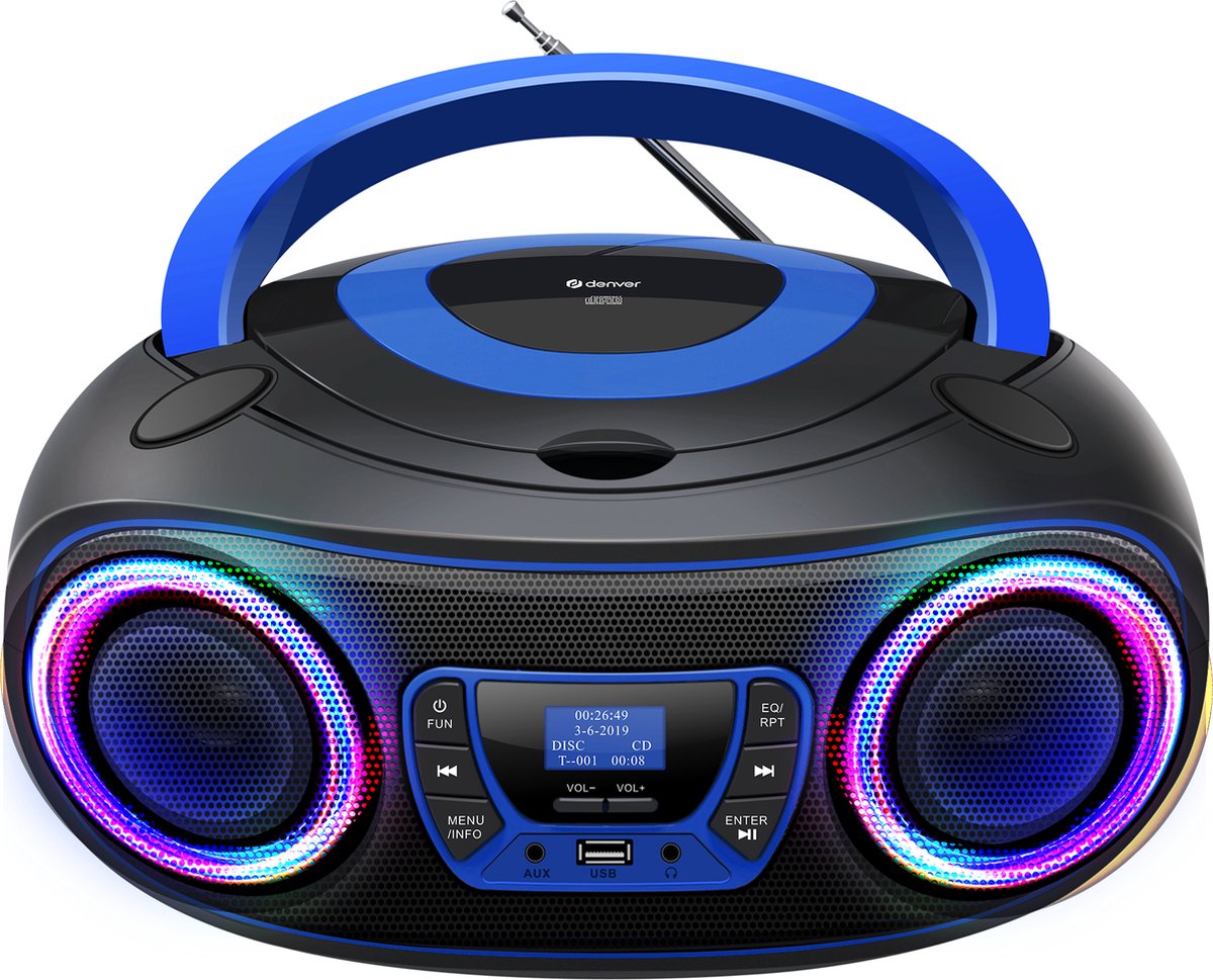 Denver TDB-212BU Radio-lecteur CD DAB+, DAB, FM AUX, USB, Bluetooth, CD lumière dambiance, avec caisson denceinte noir, bleu