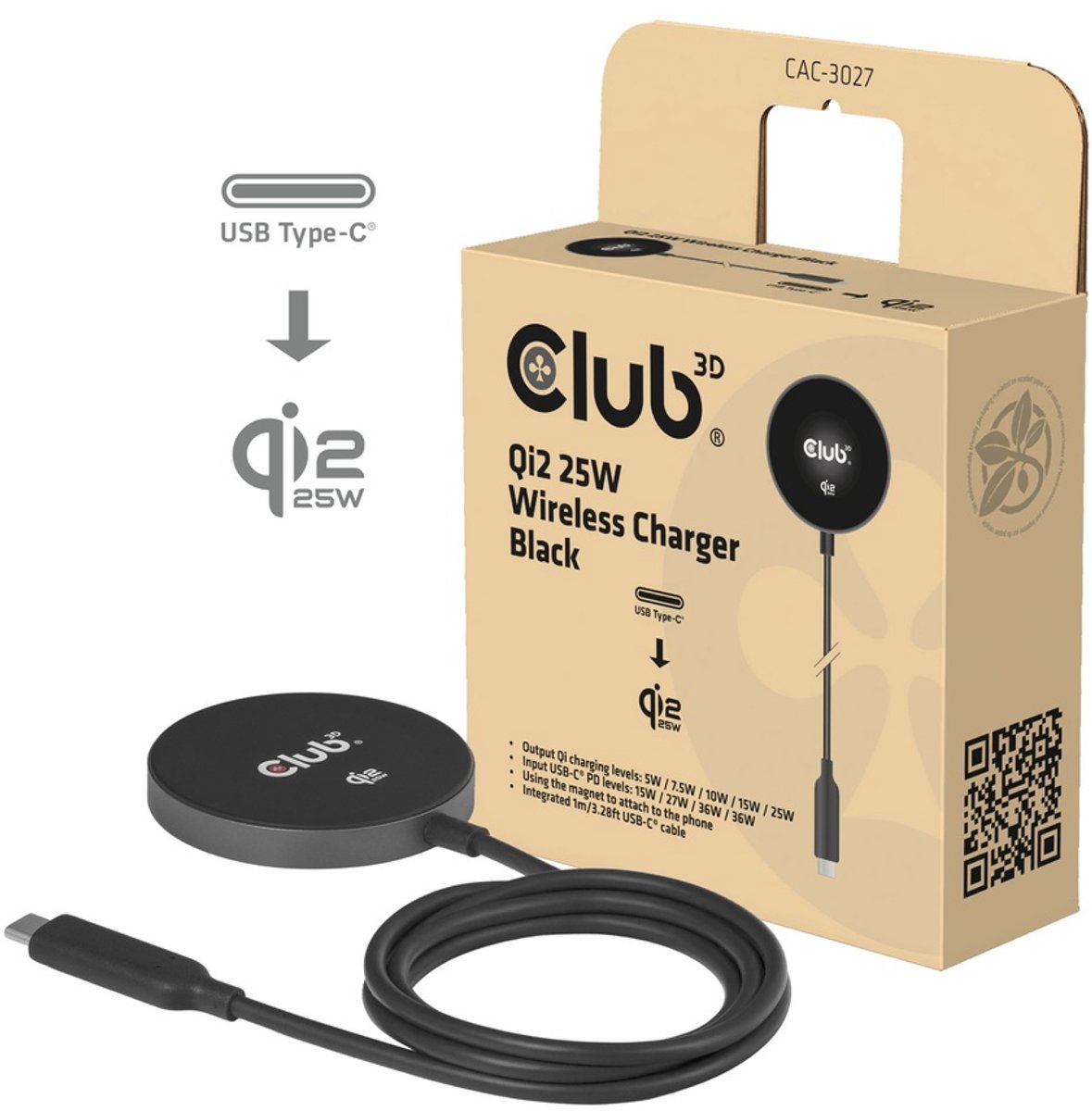 Club 3D CAC-3027 wireless charging pad - Qi2 Qi cerfified MagSafe compatible magnetic - 25 Watt
