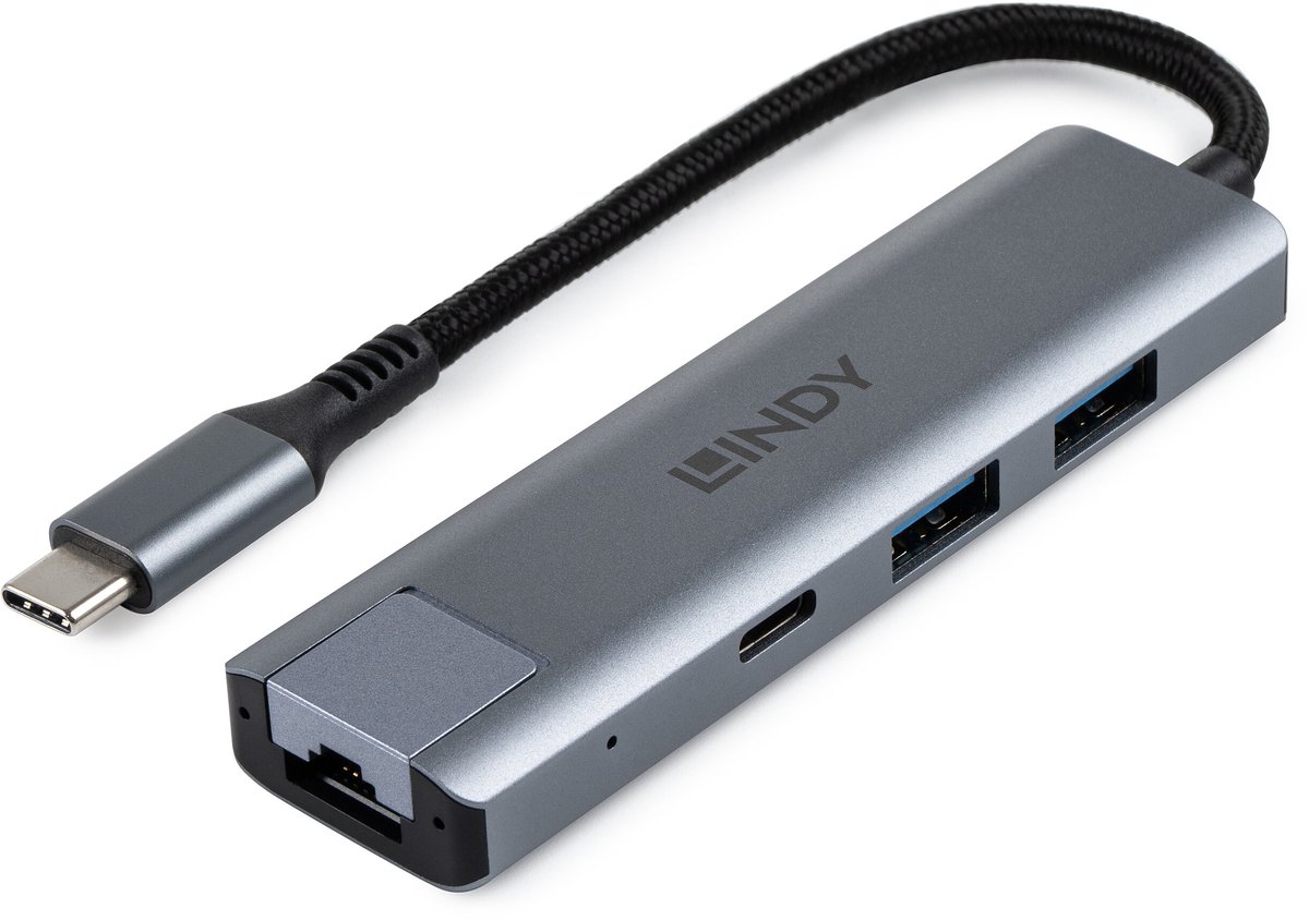 Lindy USB 3.2 Gen 2 Type C Hub & Gigabit Ethernet Converter USB hub - USB 3.2 - 4 ports - Grå