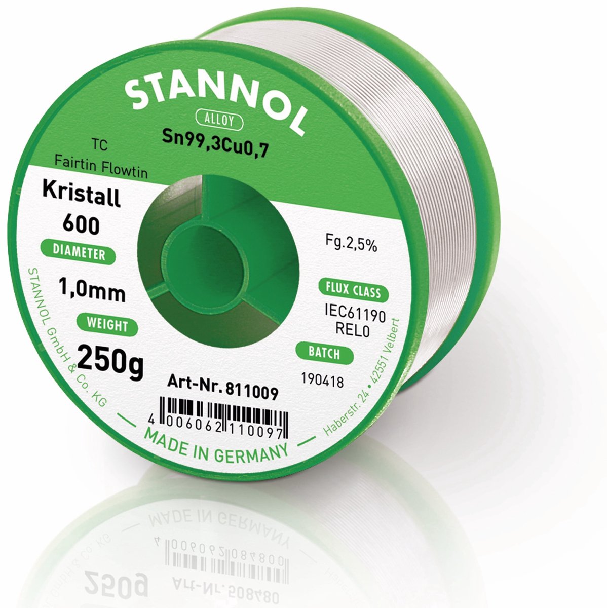 Stannol Kristall 600 Fairtin Étain à souder sans plomb sans plomb Sn99,3Cu0,7 REL0 250 g 1 mm