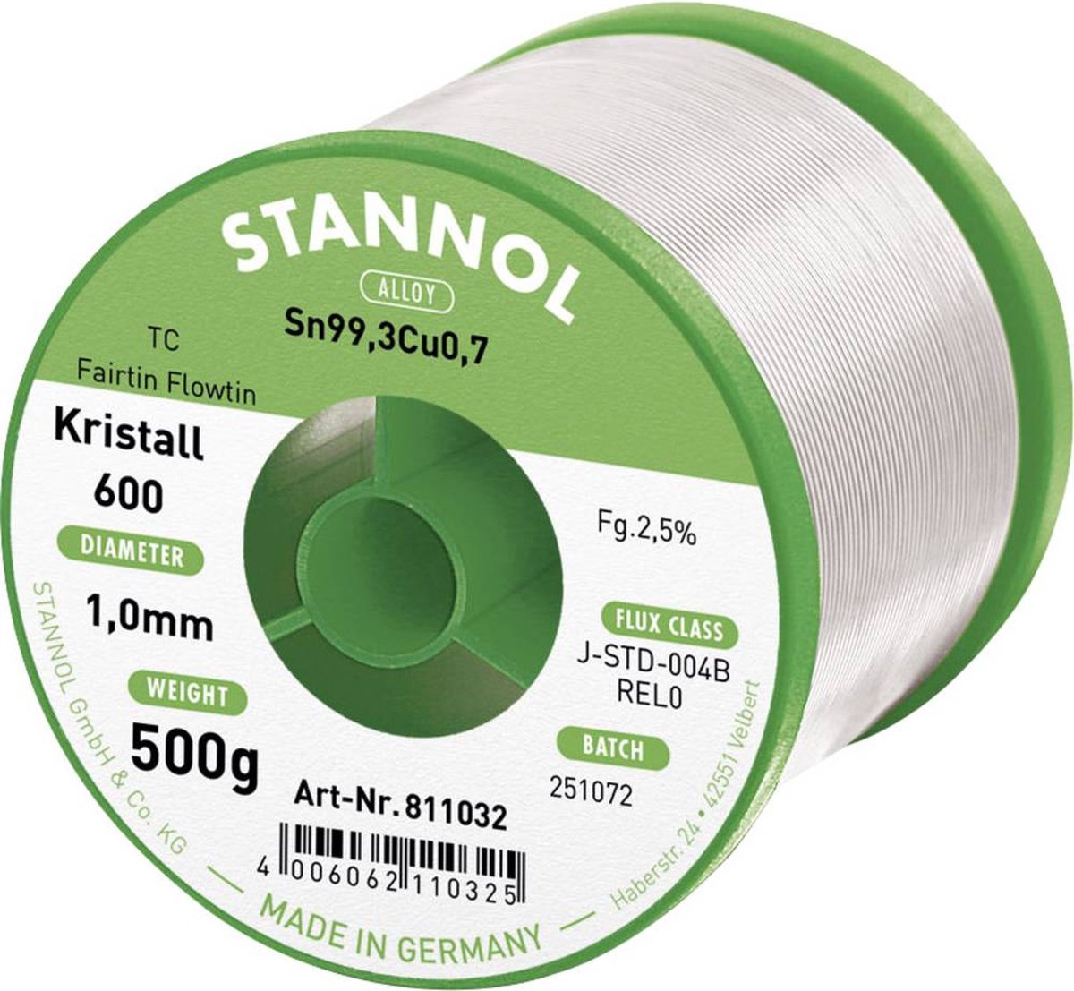 Stannol Kristall 600 Fairtin Étain à souder sans plomb sans plomb Sn99,3Cu0,7 REL0 500 g 1 mm