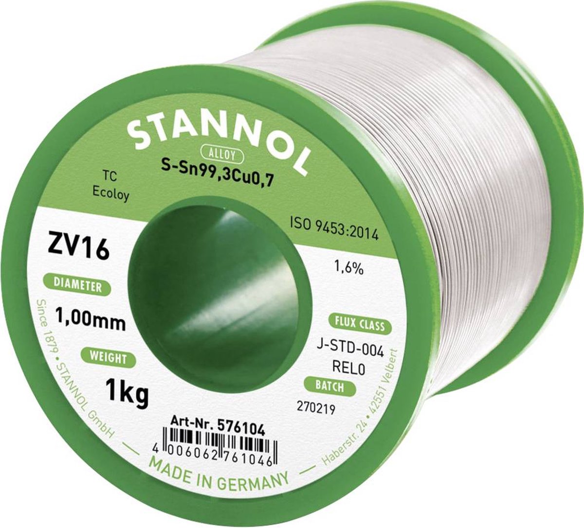 Stannol ZV16 Étain à souder sans plomb sans plomb Sn99,3Cu0,7 REL0 1000 g 1 mm