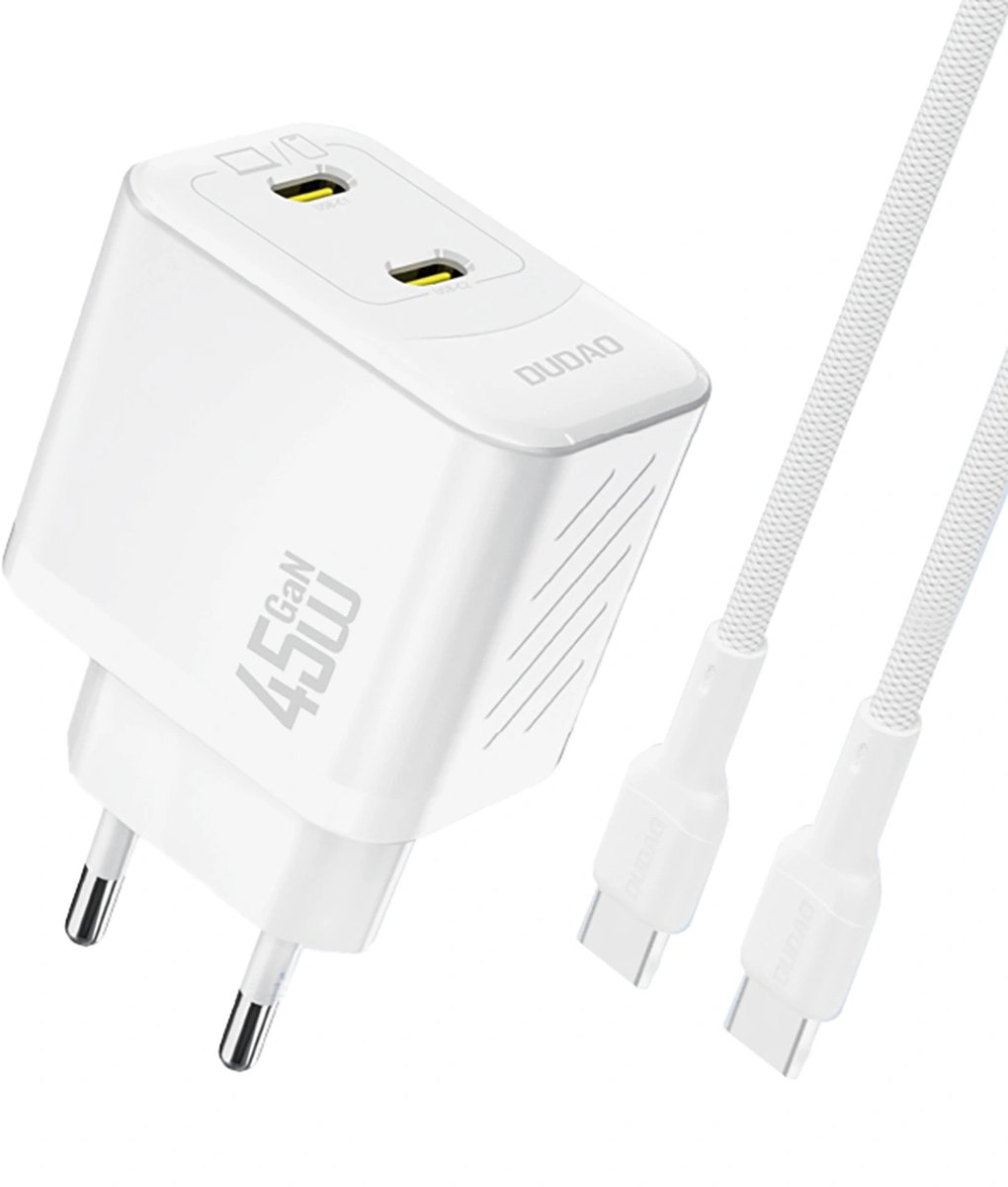 Dudao A28PCEU PD 45W GaN 2xUSB-C Wall Charger with USB-C Cable - White