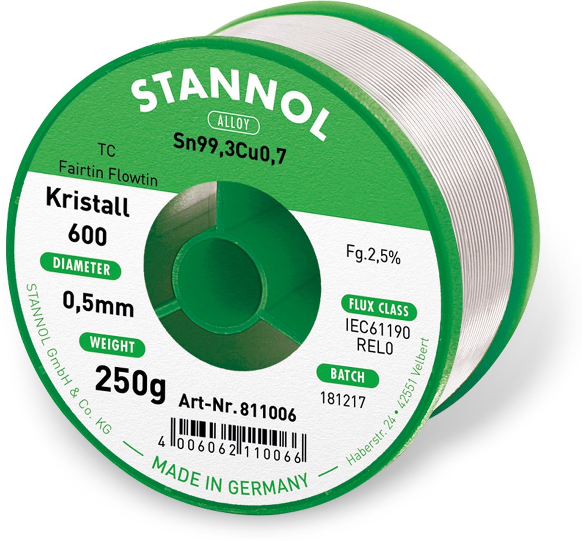 Stannol Kristall 600 Fairtin Étain à souder sans plomb sans plomb Sn99,3Cu0,7 REL0 250 g 0.5 mm