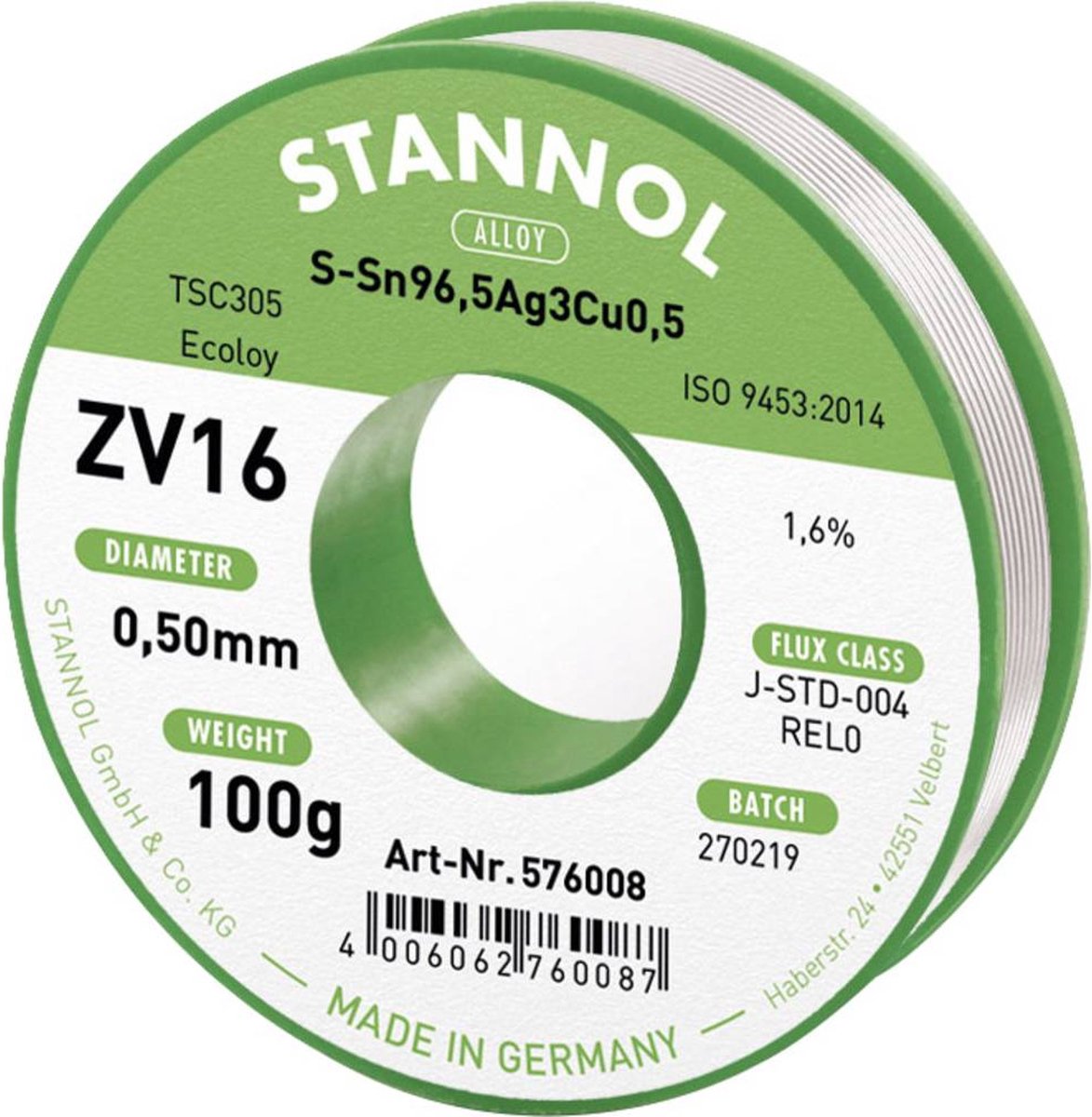 Stannol ZV16 Étain à souder sans plomb sans plomb Sn96,5Ag3Cu0,5 REL0 100 g 0.5 mm