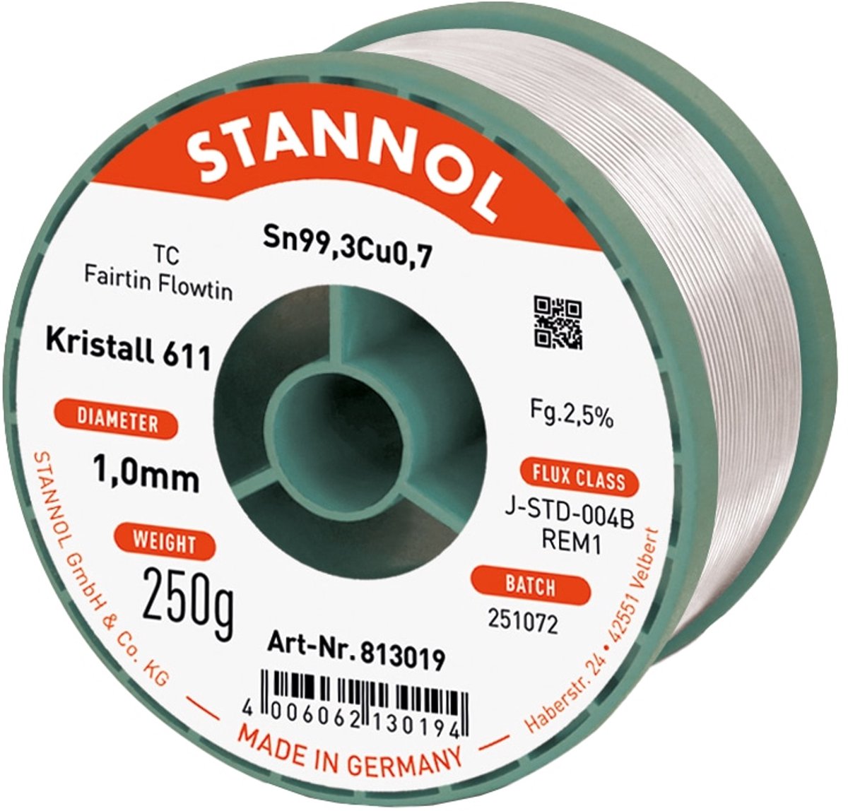 Stannol Kristall 611 Fairtin Étain à souder sans plomb sans plomb Sn99,3Cu0,7 REM1 250 g 1 mm