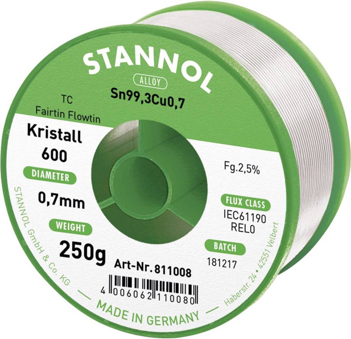 Stannol Kristall 600 Fairtin Étain à souder sans plomb sans plomb Sn99,3Cu0,7 REL0 250 g 0.7 mm
