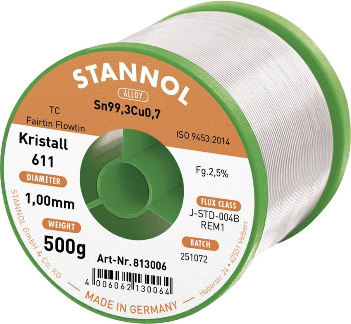 Stannol Kristall 611 Fairtin Étain à souder sans plomb sans plomb Sn99,3Cu0,7 REM1